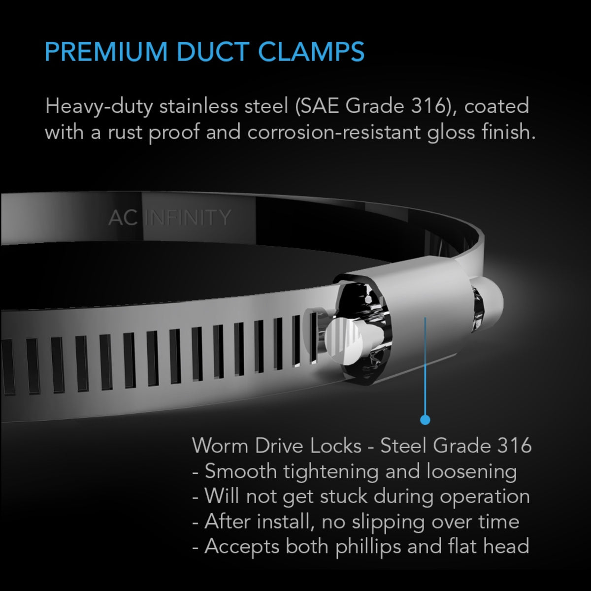 Duct Clamps 8", Rustproof Stainless Steel, 2-Pack