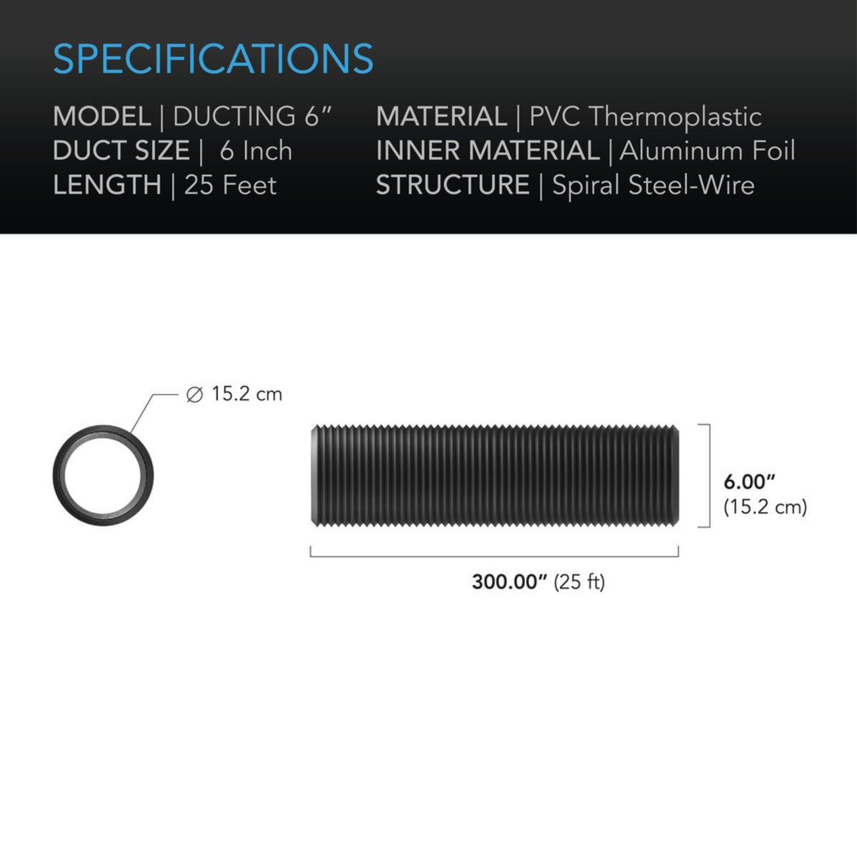 Flexible Ducting 6", Durable Four-Layer Aluminum 25' Long