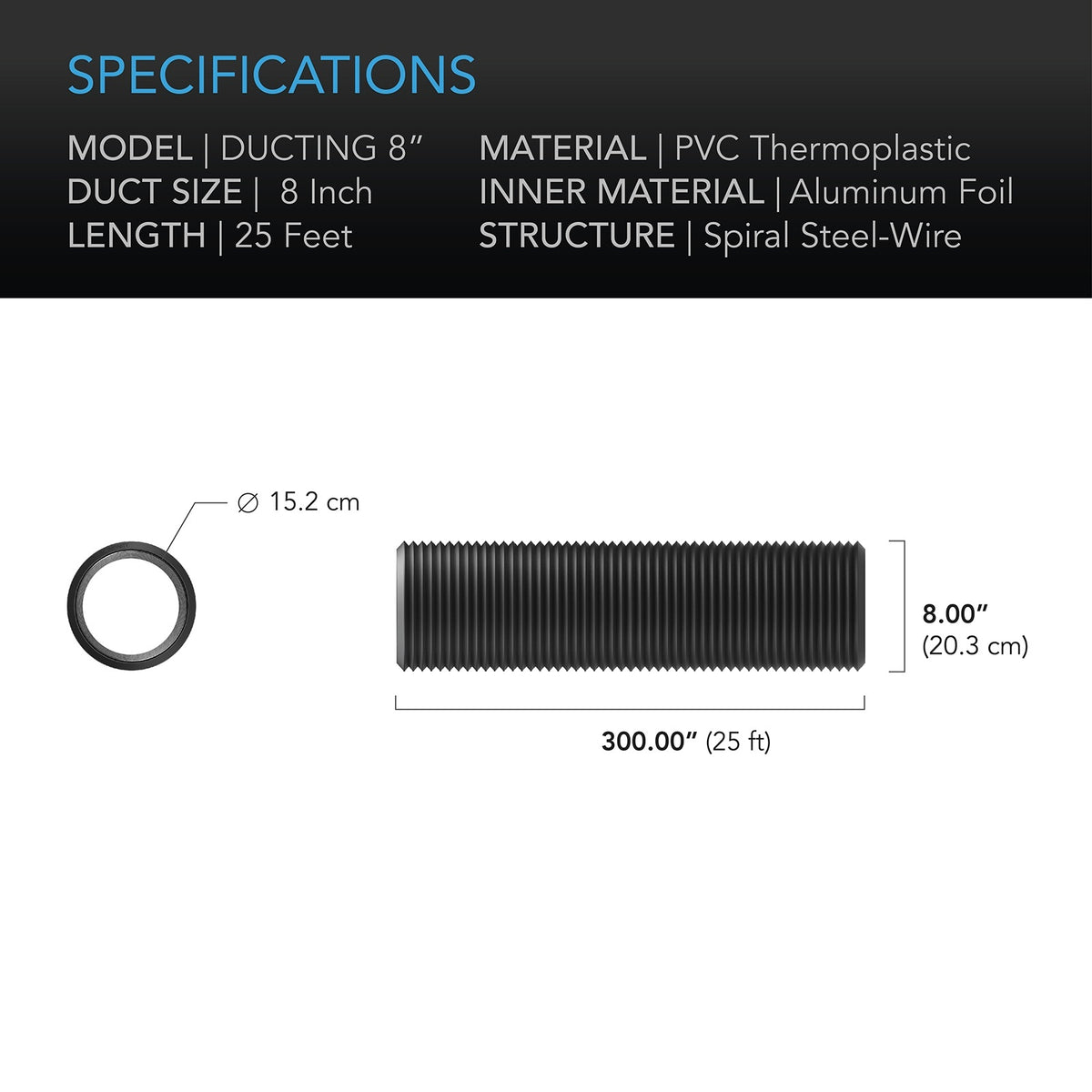 Flexible Ducting 8", Durable Four-Layer Aluminum 25' Long