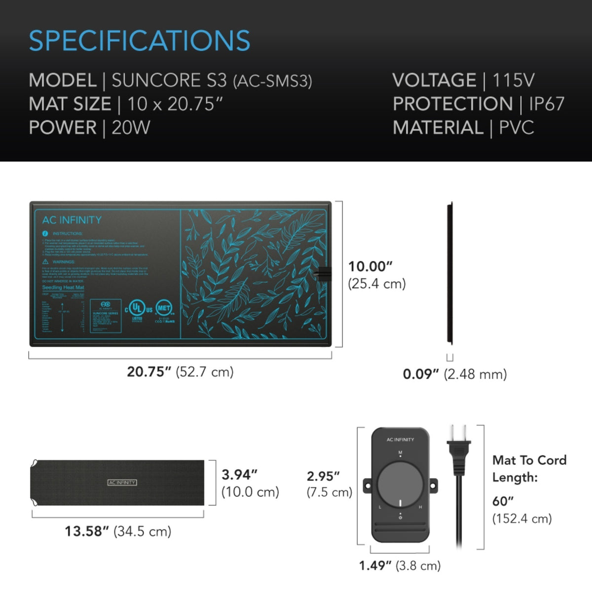 SUNCORE S3, Seedling Heat Mat with Heat Controller, IP-67 Waterproof, 10" x 20.75"