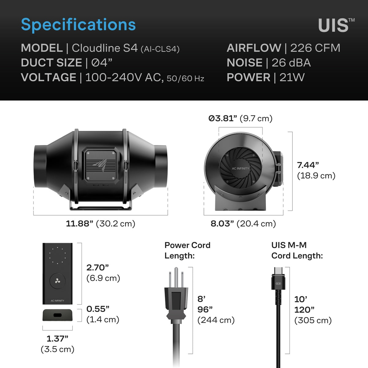 CLOUDLINE S4, Quiet Inline Fan 4" with Speed Controller