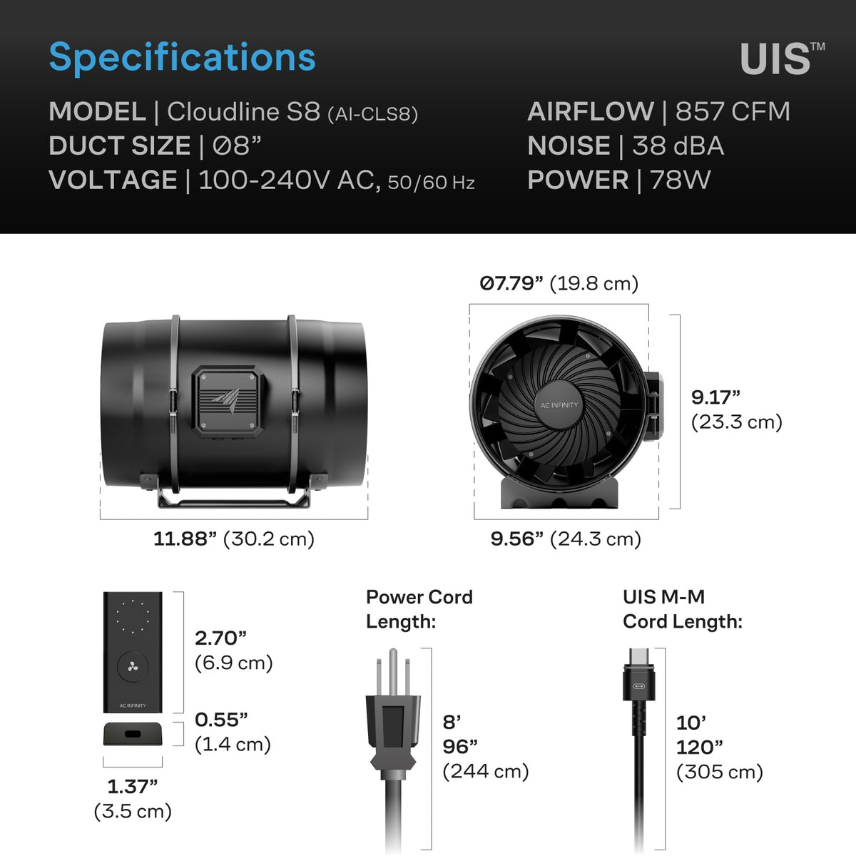 CLOUDLINE S8, Quiet Inline Fan 8" with Speed Controller