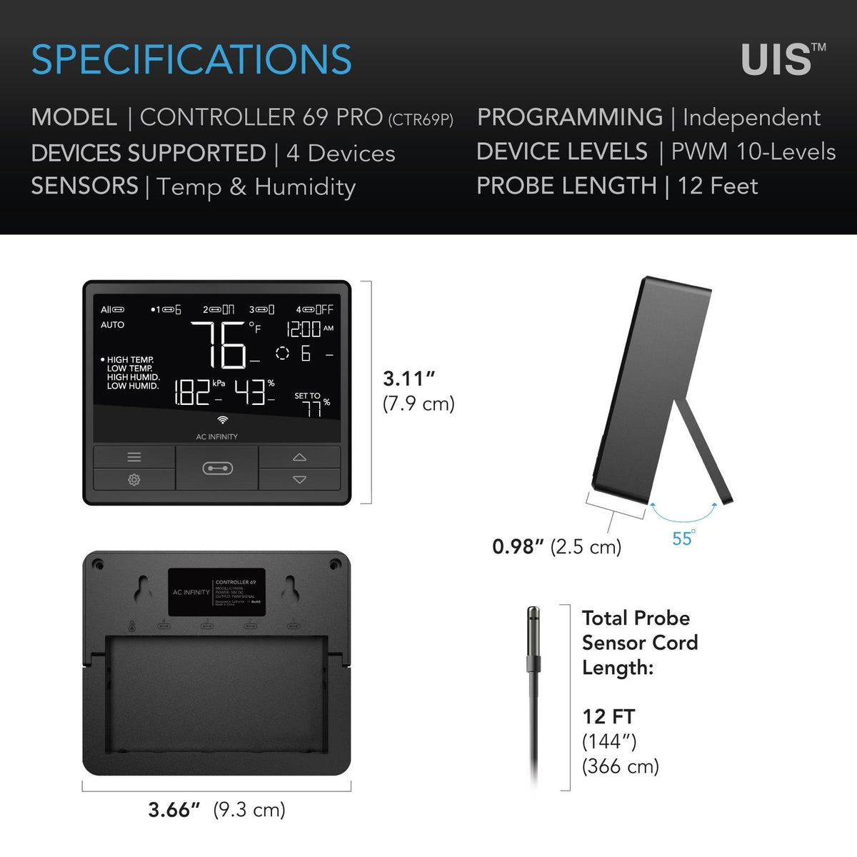 CONTROLLER 69 PRO, Smart Climate Controller UIS 4-Port, with Temp Humidity VPD Sensor