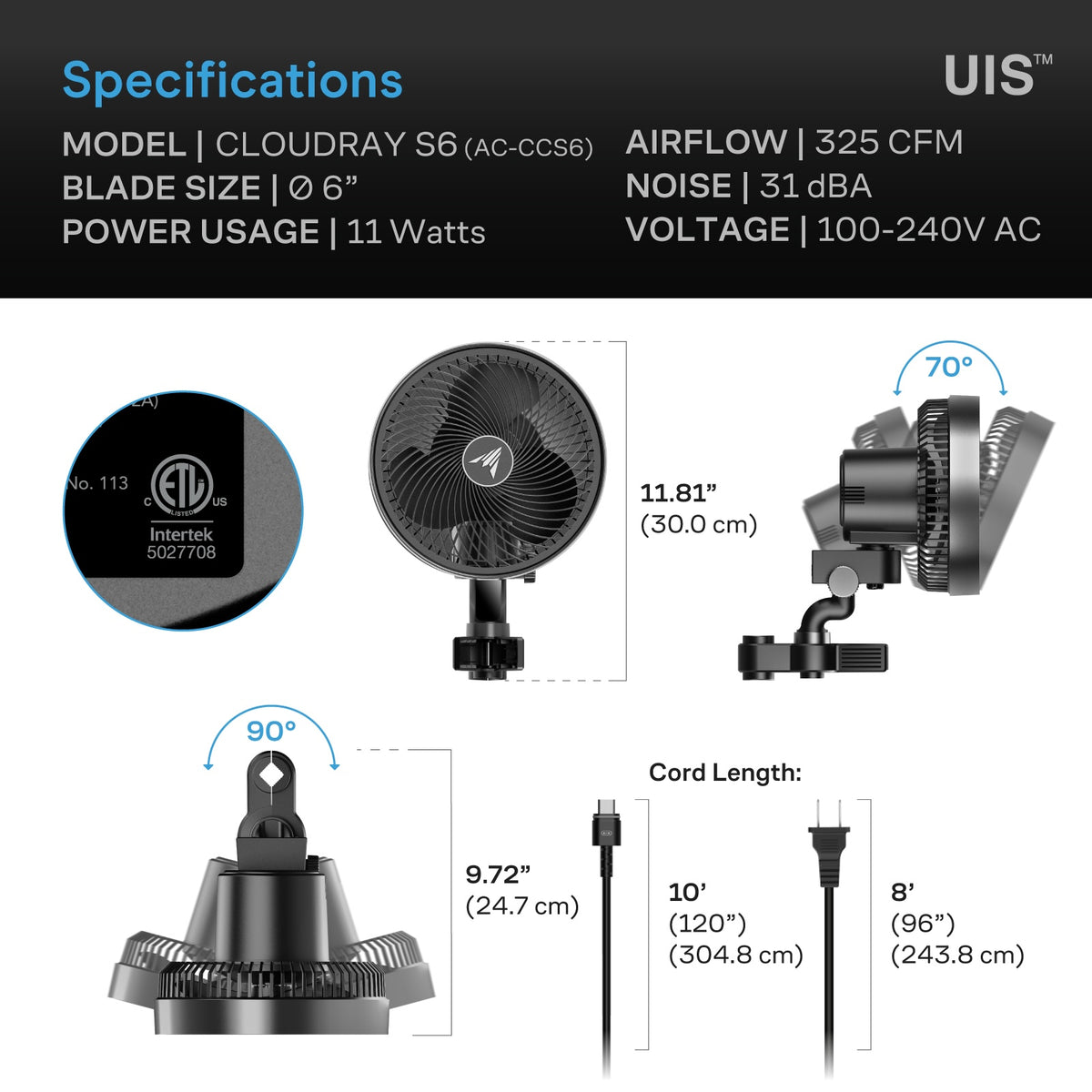 CLOUDRAY S6, Grow Tent Clip Fan 6" with 10 Speeds and Dynamic Wind