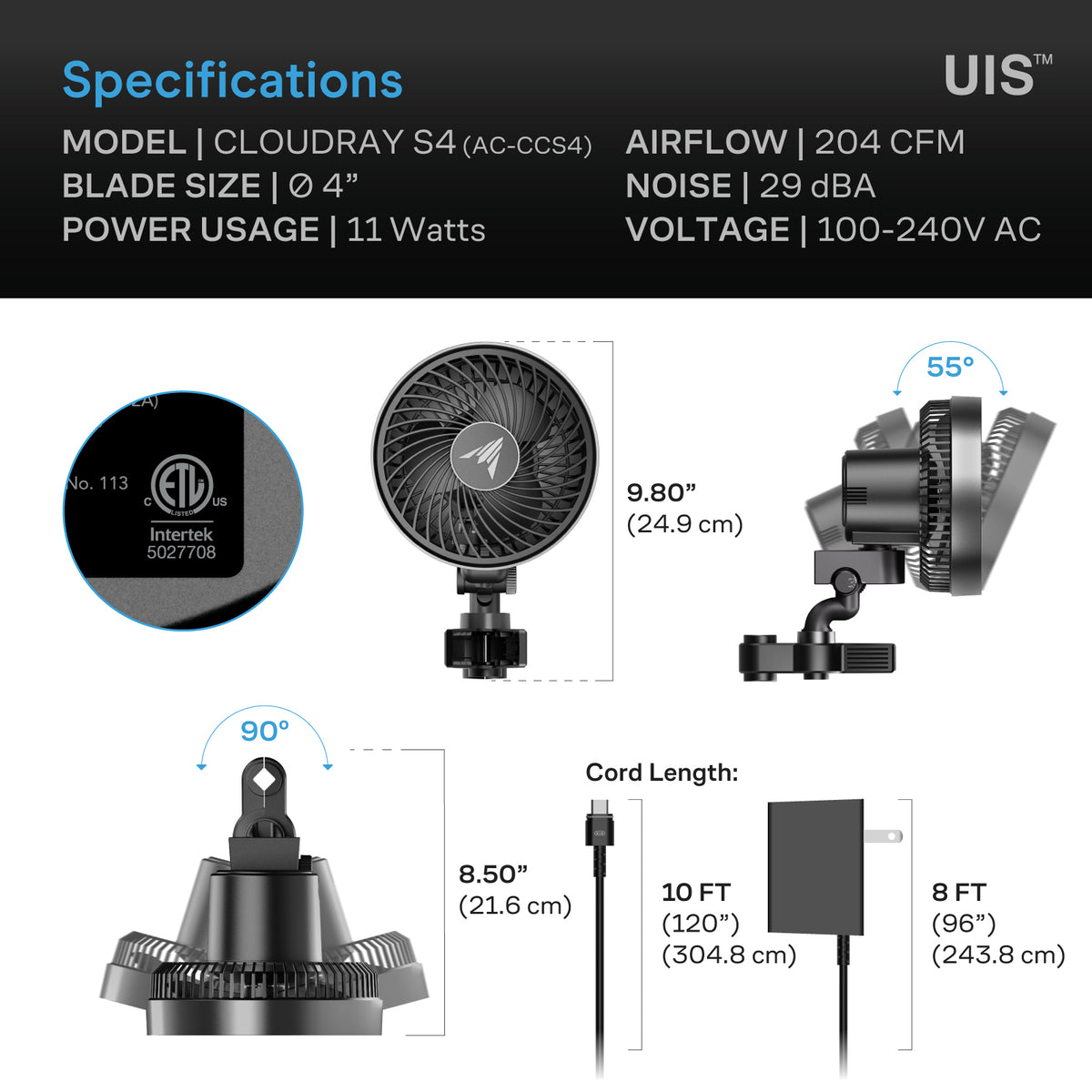 CLOUDRAY S4, Grow Tent Clip Fan 4" with 10 Speeds and Dynamic Wind